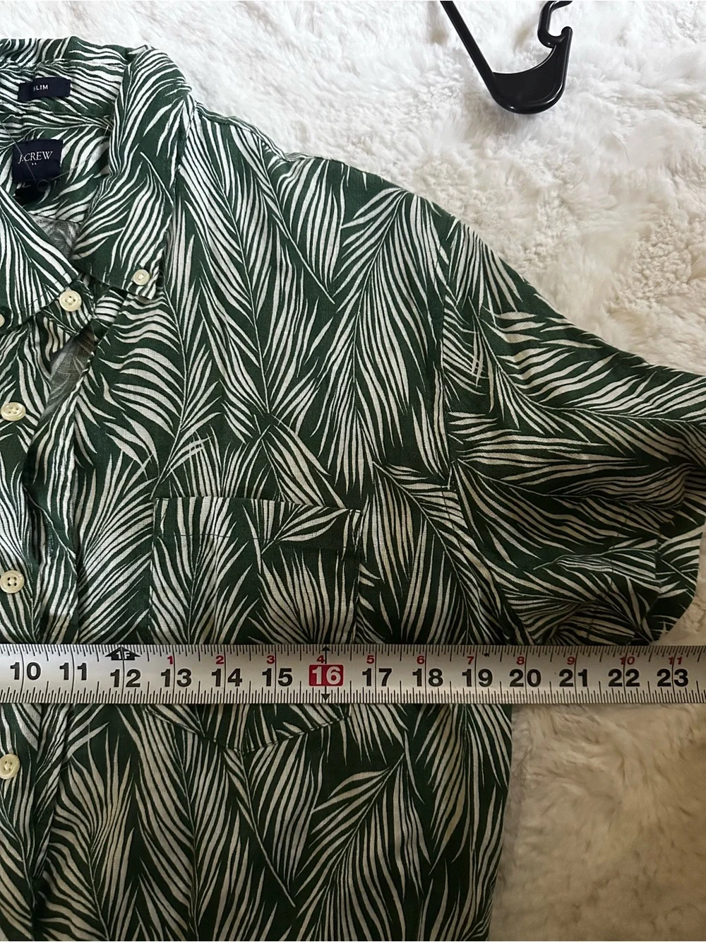 J. Crew Men's Green & White Leaf-Print Short-Sleeve Button-Up Shirt Linen Slim L